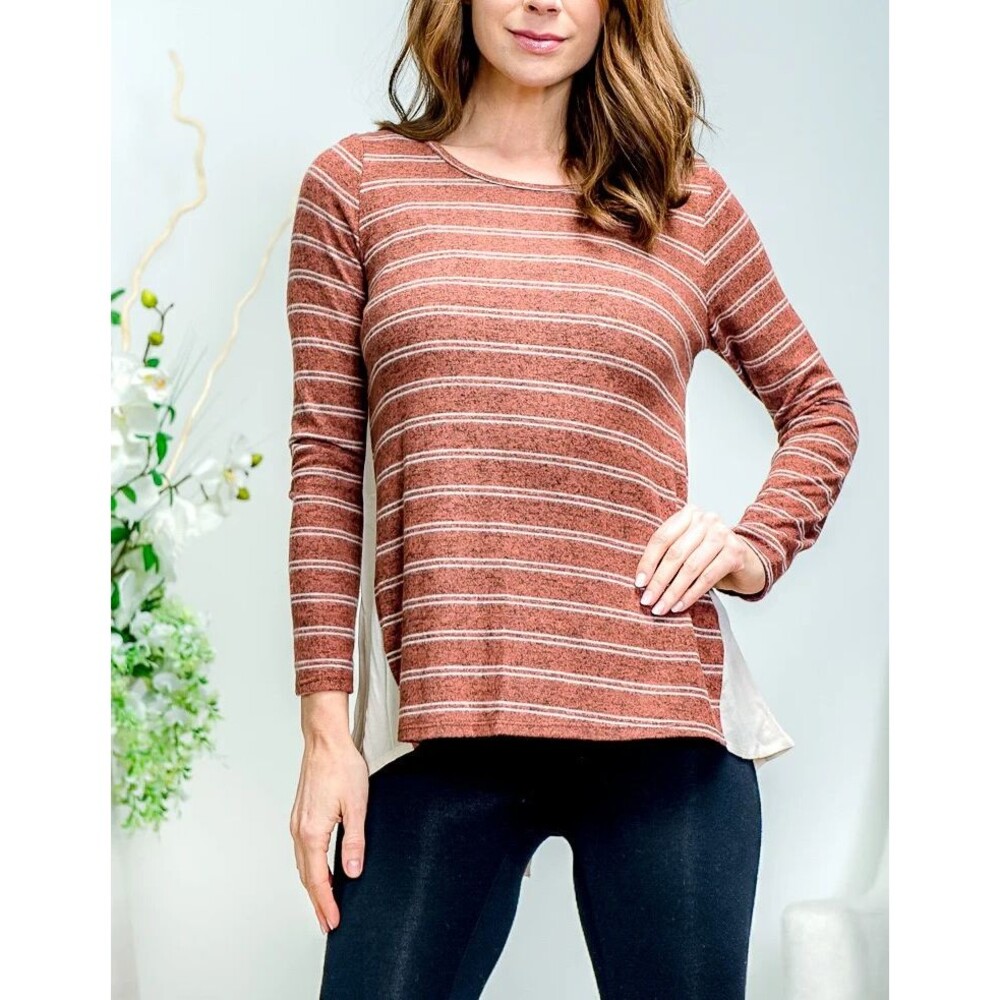 Women’s Long Sleeve Striped Top with Cream Color Block – Size M